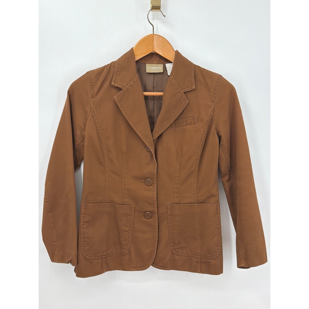 Liz Claiborne Lizwear Petite Brown Cotton Blazer Jacket Size 2P 3-Button Classic